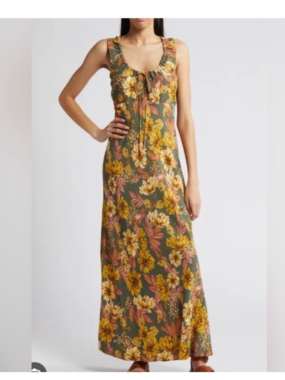 Nordstrom | Treasure & Bond Olive Floral Maxi Dress with Yellow Accents